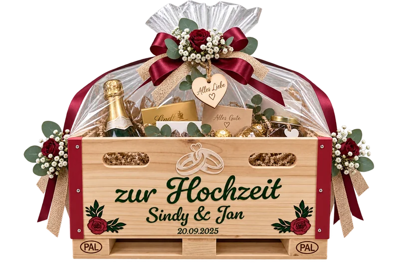 Dekorierte Holzkiste als Hochzeitsgeschenk mit Namen