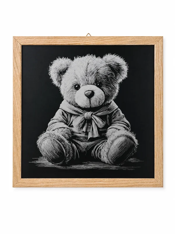 Gerahmtes Bild eines Teddybären auf dunklem Aluminium
