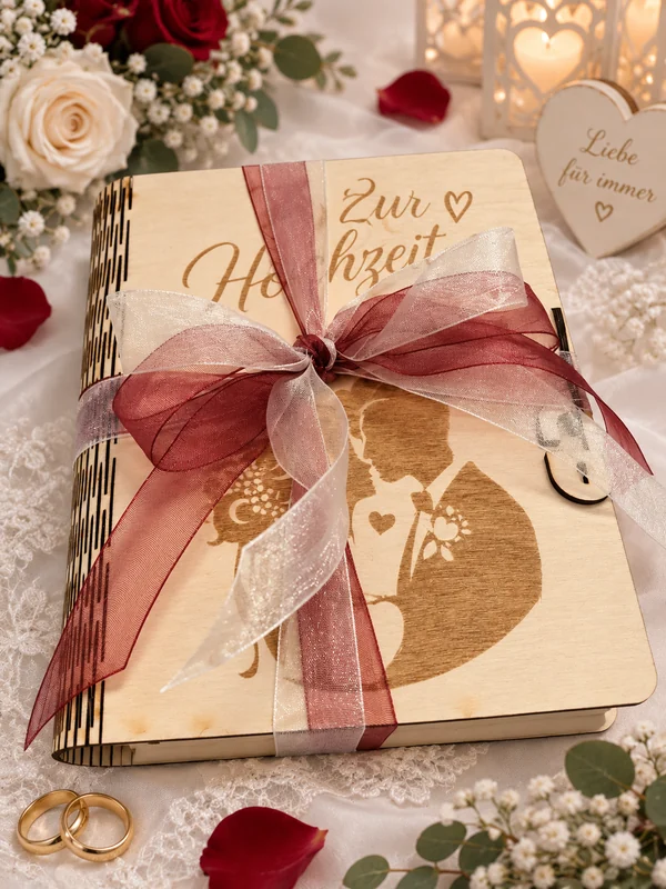 Geschenk mit graviertem Holzbrett und Schleife zur Hochzeit